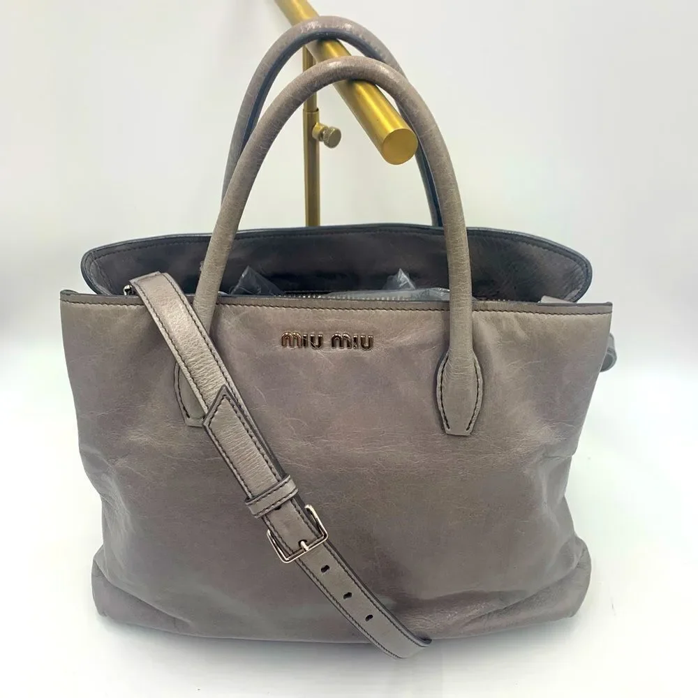 Authentic Miu Miu Vitello Shine Peltro Gray Leather 2way Satchel Preloved